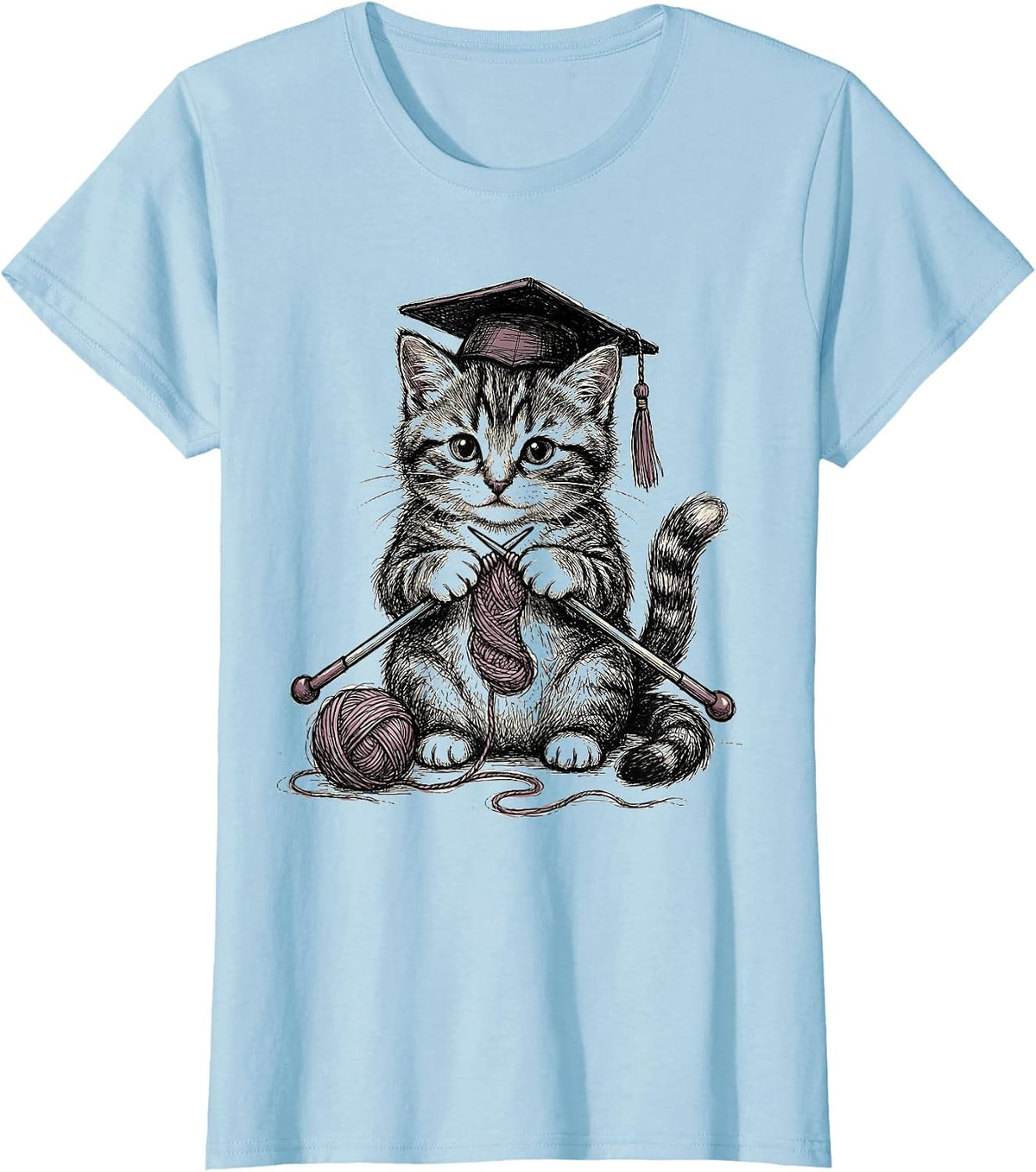Cute Kitten Knitting Graduation Tassel Teacher T-Shirt - Baby Blue