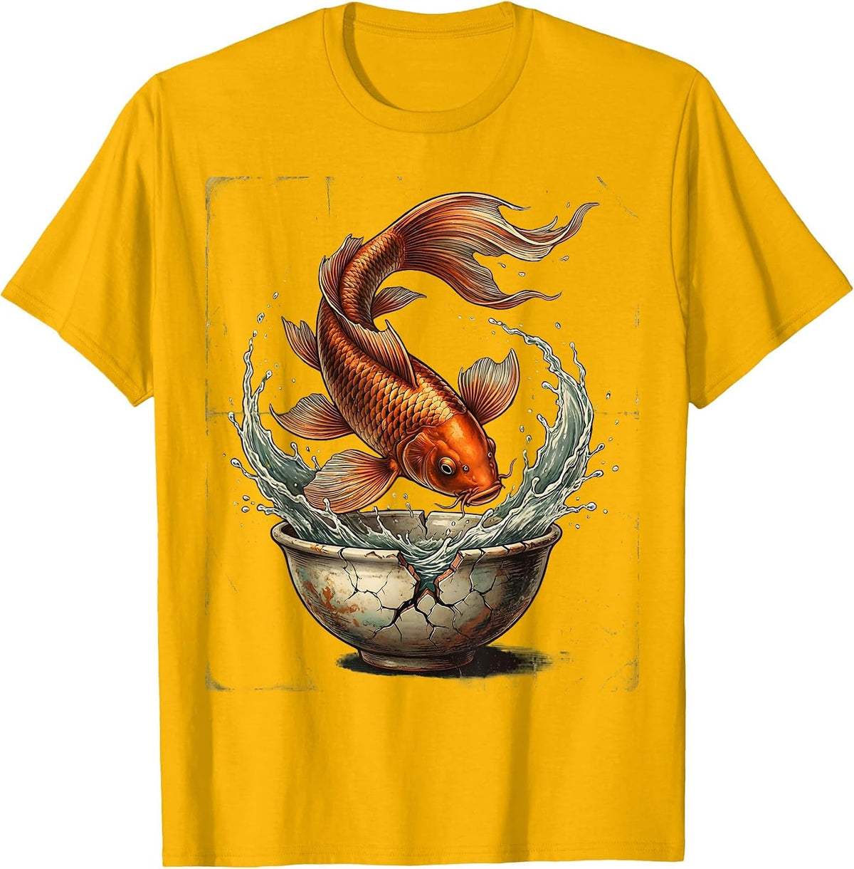 Koi Fish Leaping From Cracked Bowl Art T-Shirt - Golden Yellow