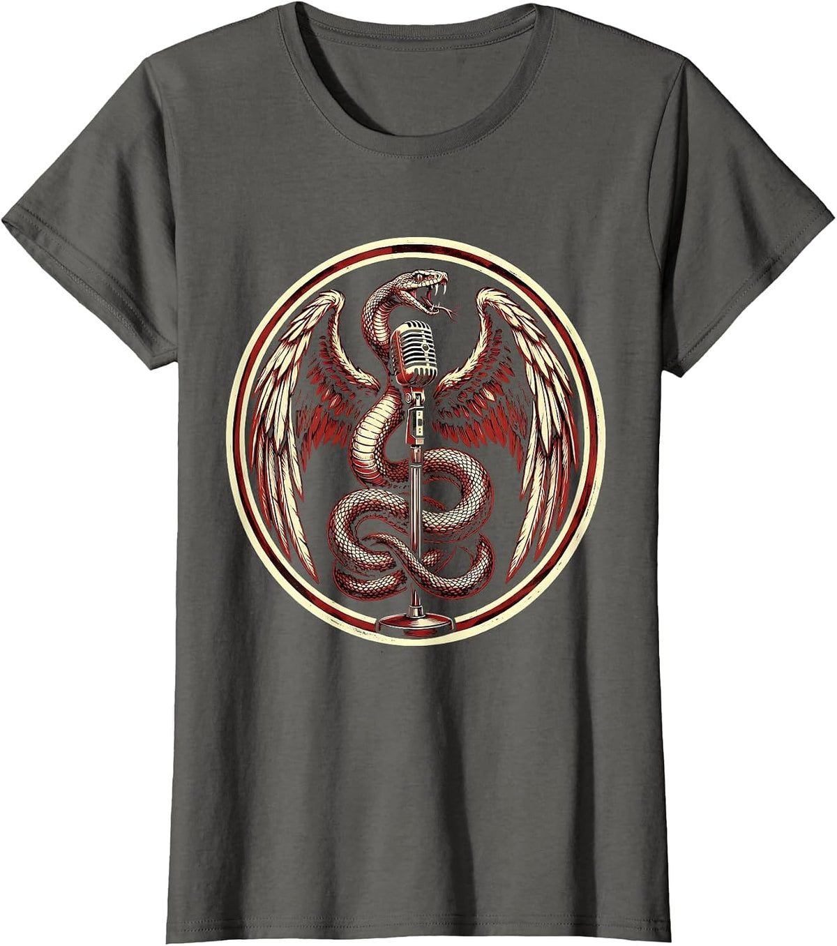 Women's Winged Serpent Microphone Rock Band Graphic T-Shirt - Asphalt Grey