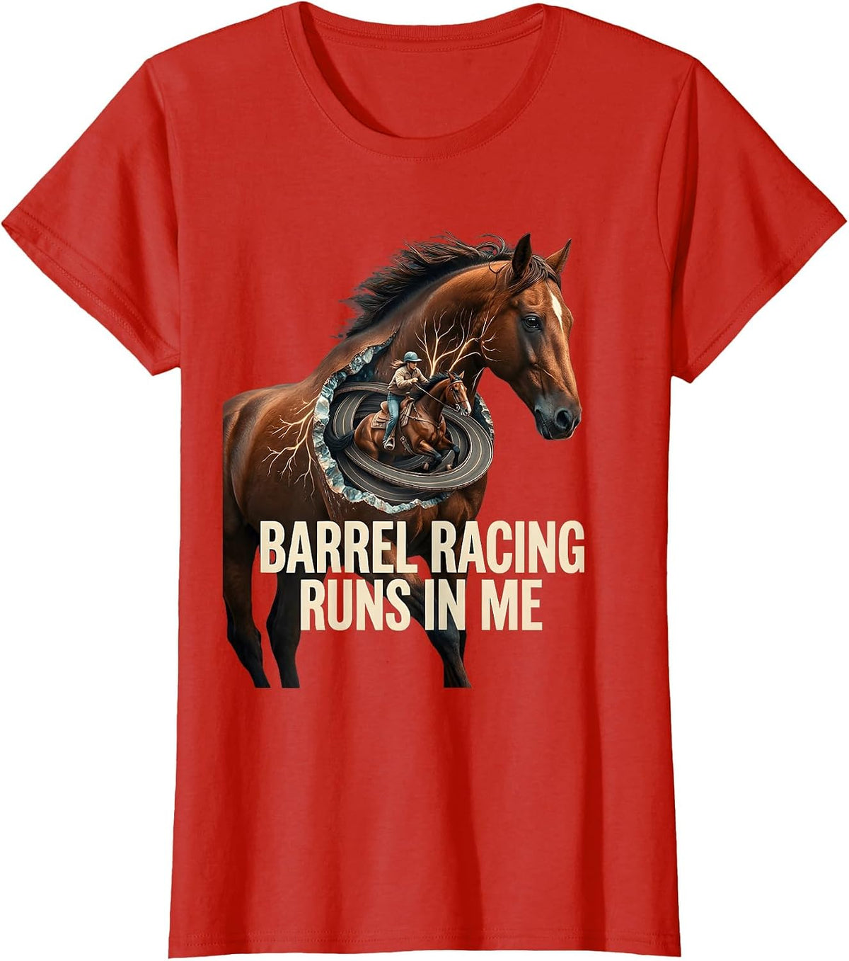 Barrel Racing Runs In Me Rodeo Design T-Shirt - Red
