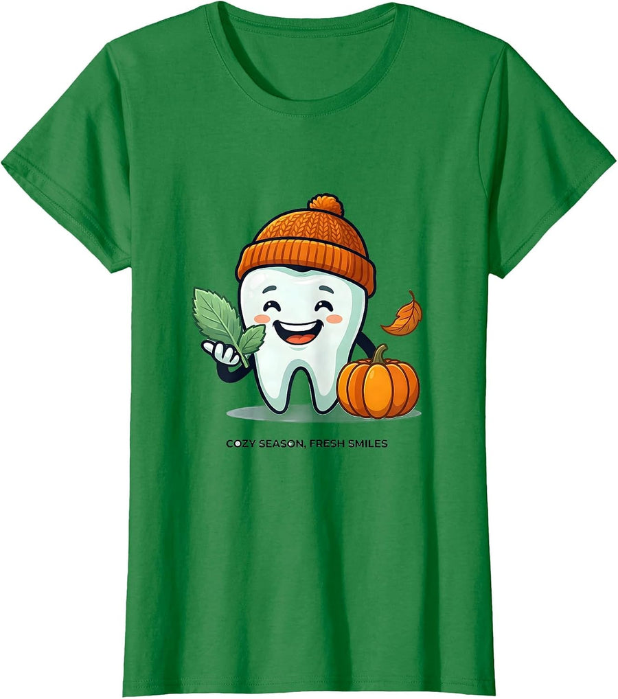Women's Cozy Season Fresh Smiles Funny Dental Hygienist Humor T-Shirt - Kelly Green