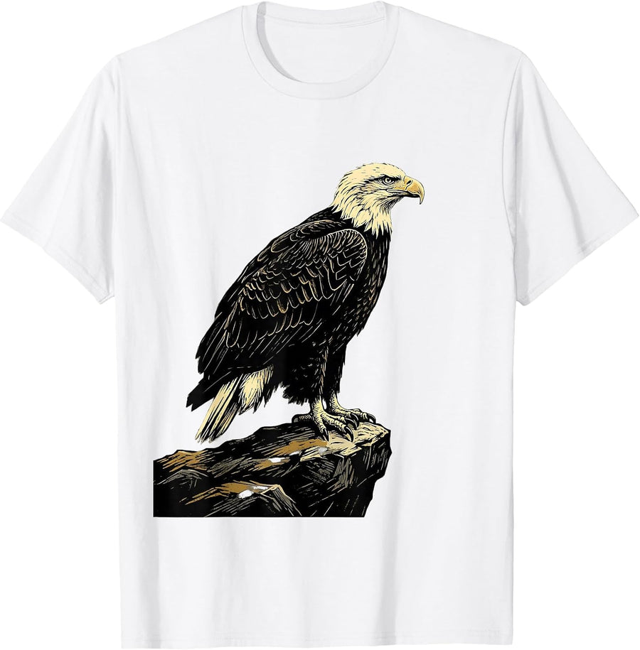 Men's Bald Eagle Linocut Wildlife Bird Lover Gift T-Shirt - White