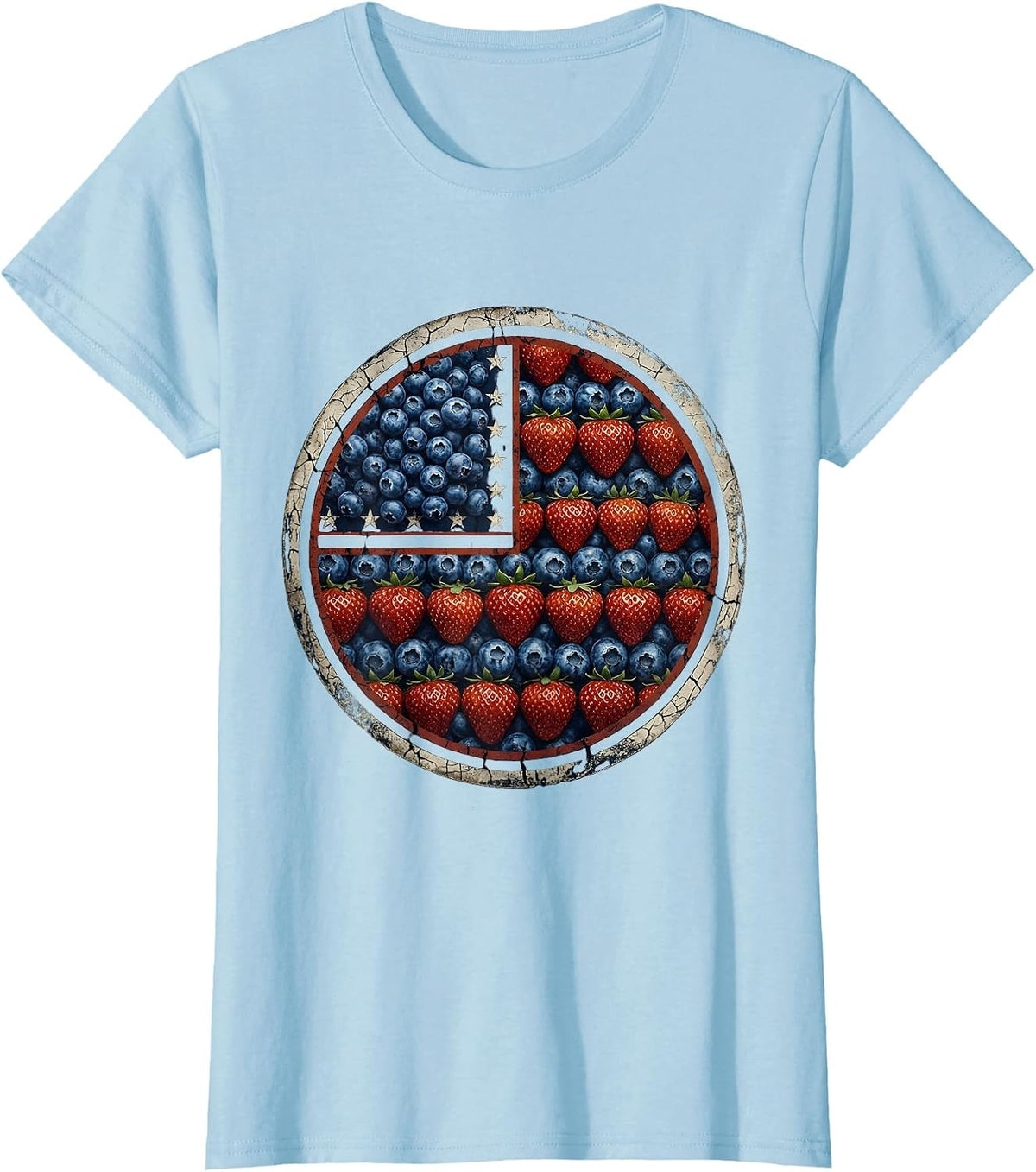 Strawberry Blueberry American Flag Pattern T-Shirt - Baby Blue