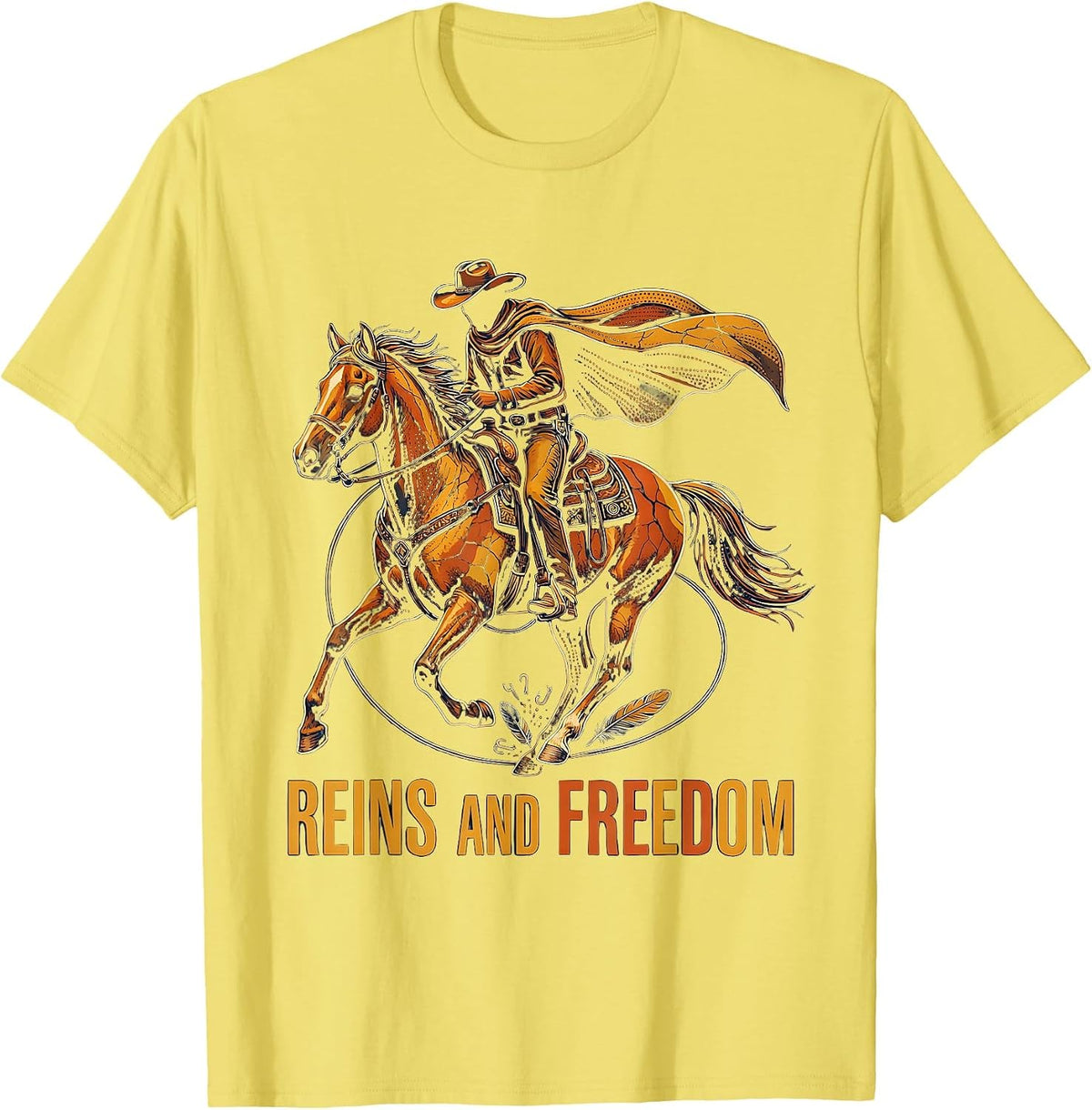 Men's Reins and Freedom Cowboy Western Design T-Shirt - Lemon Yellow