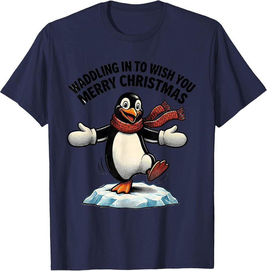 Waddling In To Wish You Merry Christmas Funny Penguin Lover T-Shirt - Navy Blue
