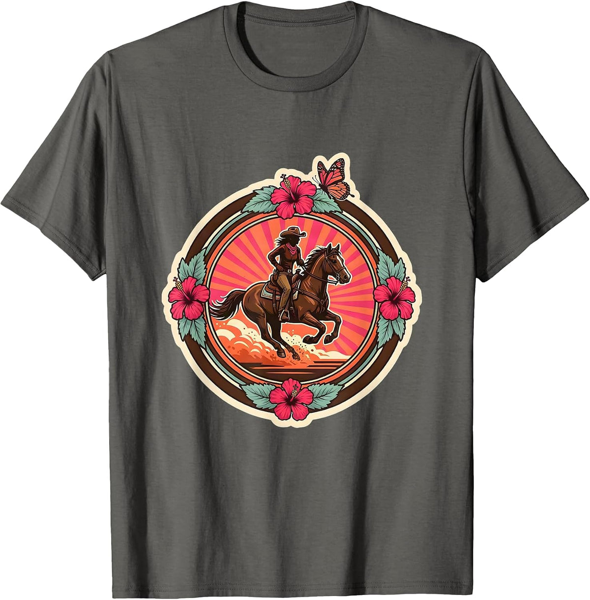 Western Cowgirl Horseback Riding Dust Trail Design T-Shirt - Asphalt Grey