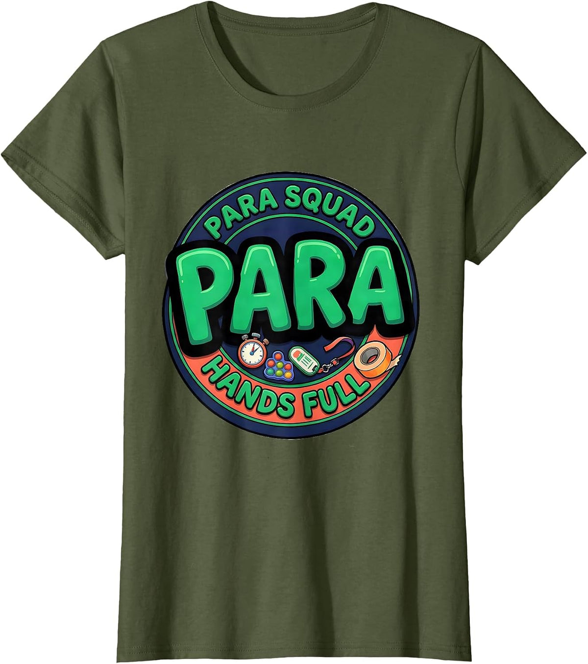 Women's Para Squad Hands Full Bold Cartoon Back To School T-Shirt - Olive Green