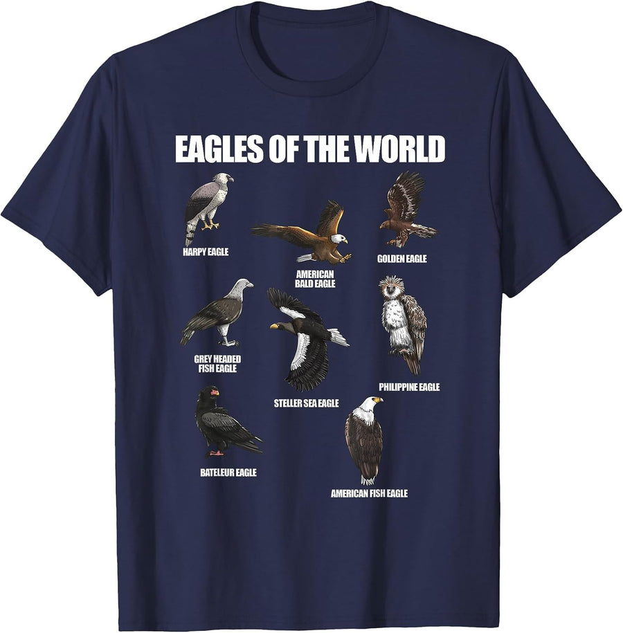 Eagles of The World Educational Large Bird Animal T-Shirt - Navy Blue