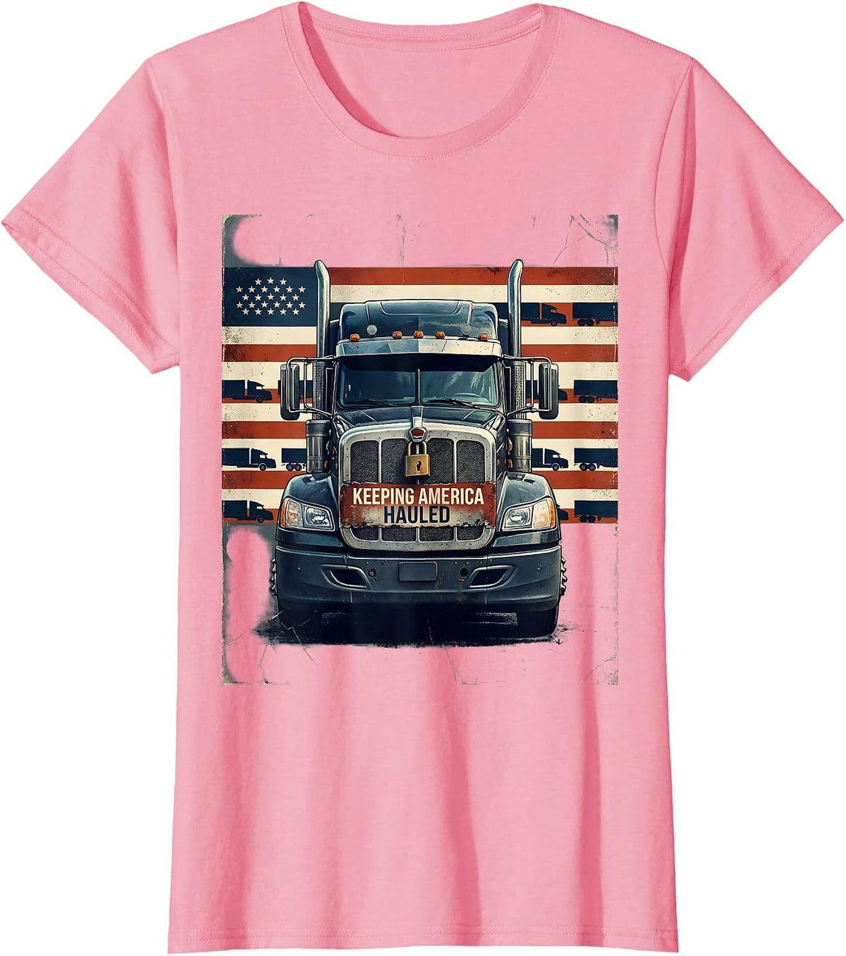 Women's Keeping America Hauled Distressed Trucker Patriotic USA Flag T-Shirt - Pink