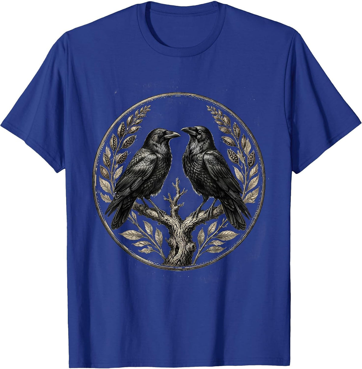 Two Crows on a Branch Face-to-Face Design T-Shirt - Royal Blue