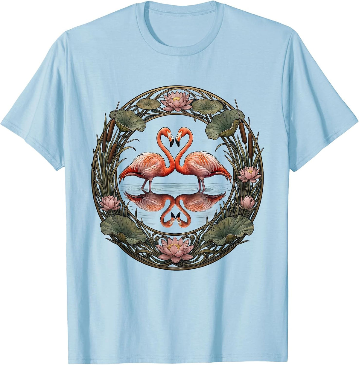 Flamingo Lake Reflection Mirrored Illustration T-Shirt - Baby Blue