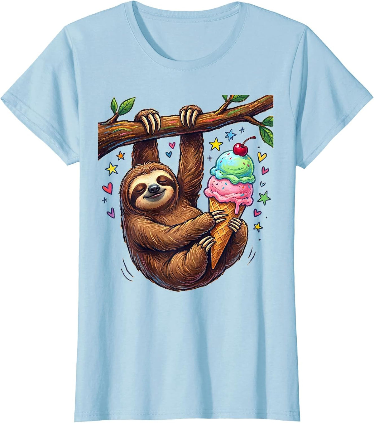 Women's Funny Sloth Hanging Upside Down Eating Ice Cream T-Shirt - Baby Blue
