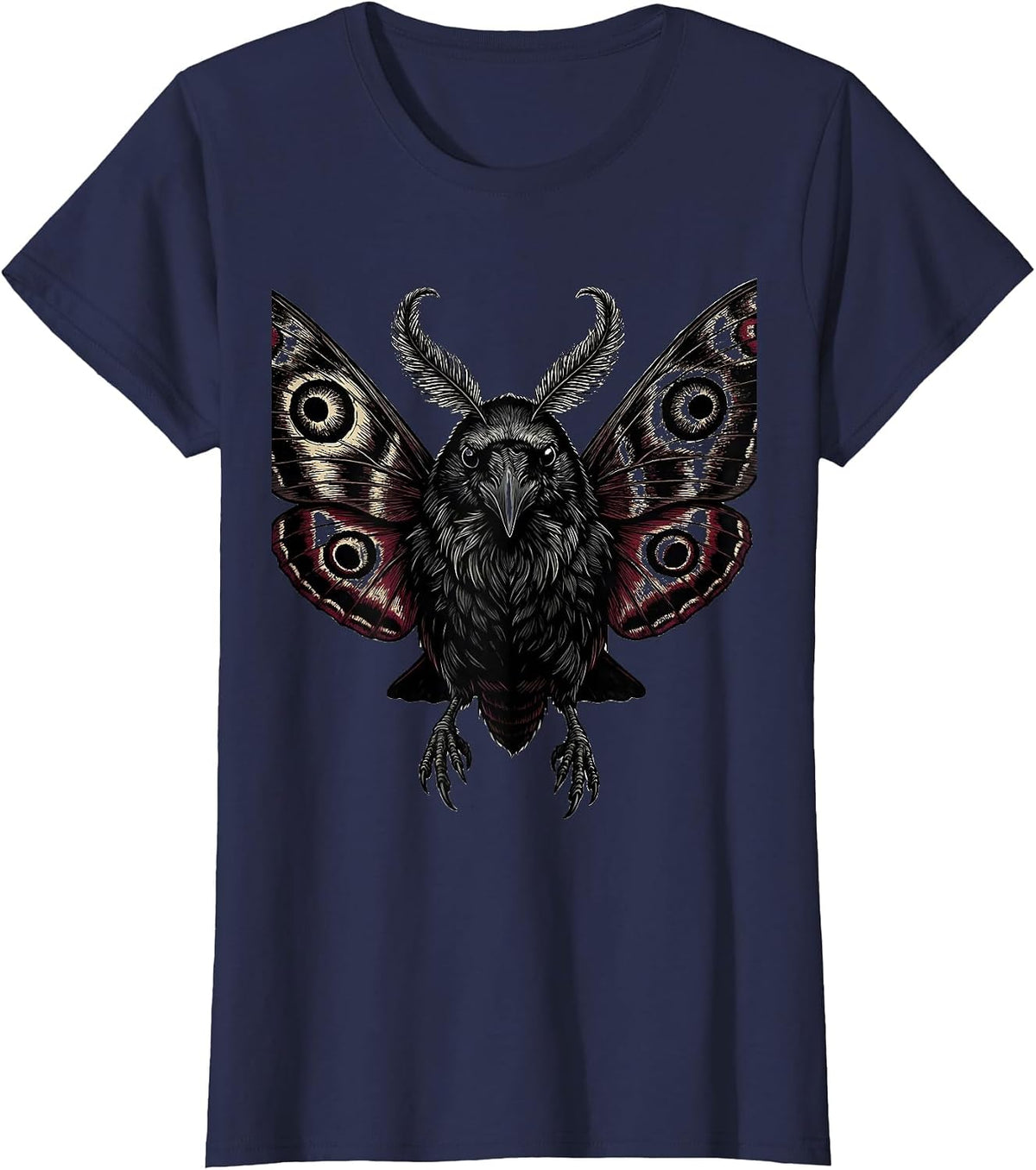 Women's Crow Moth Wings Hybrid Creature Illustration T-Shirt - Navy Blue