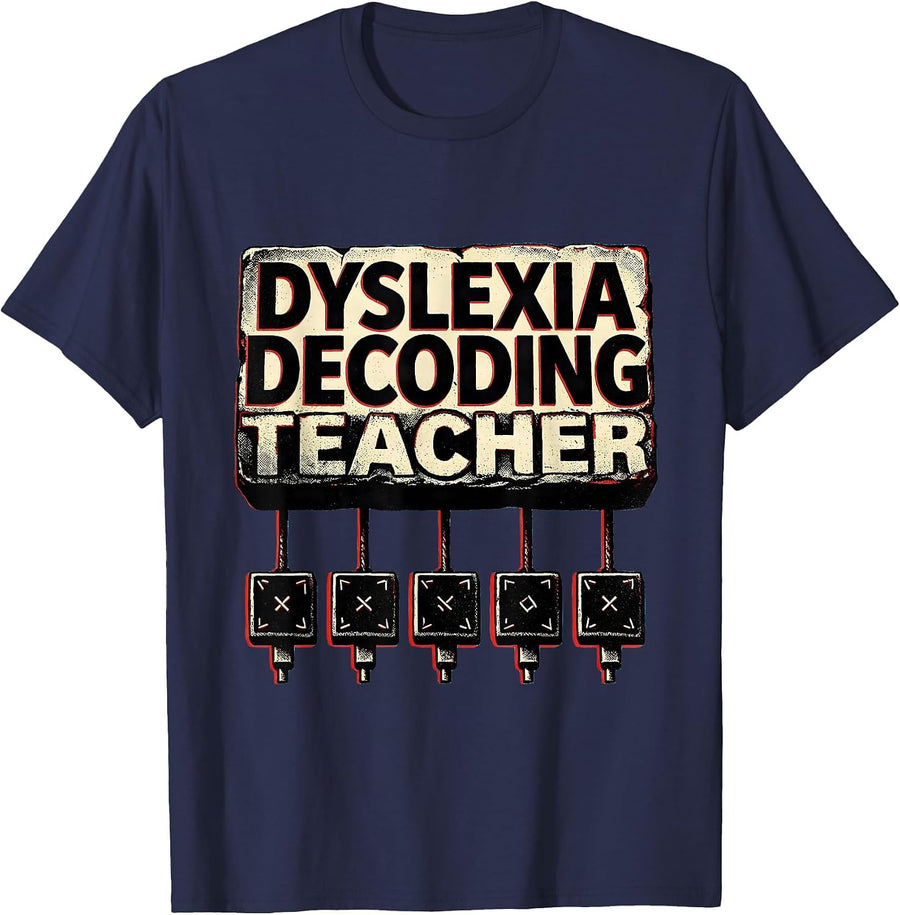 Dyslexia Decoding Teacher Stencil Graphic SPED Literacy T-Shirt - Navy Blue