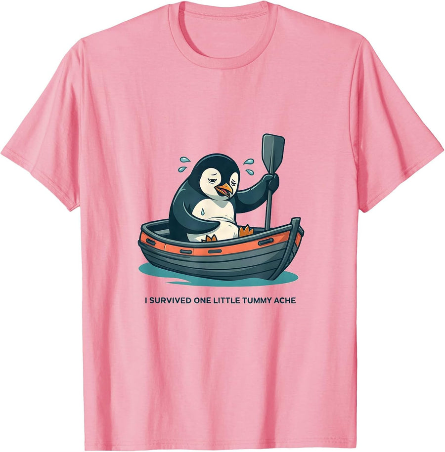 I Survived One Little Tummy Ache Funny Penguin Meme Humor T-Shirt, Men, Pink, Small - As Pictured