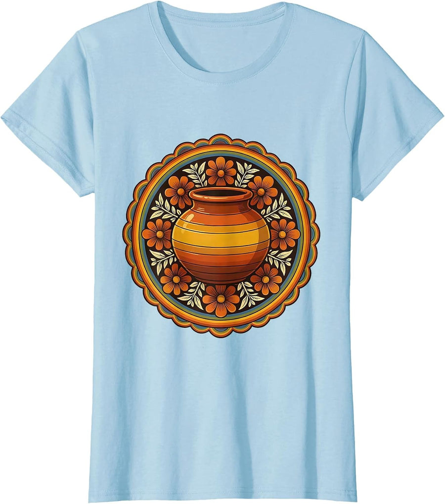 Women's Talavera Pottery Floral Hispanic Heritage Design T-Shirt - Baby Blue