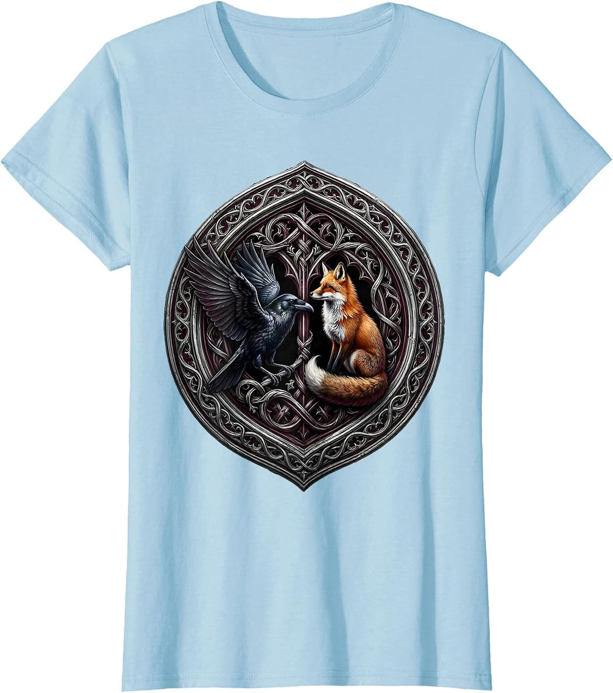 Crow and Fox Face Off Wildlife Art Design T-Shirt - Baby Blue
