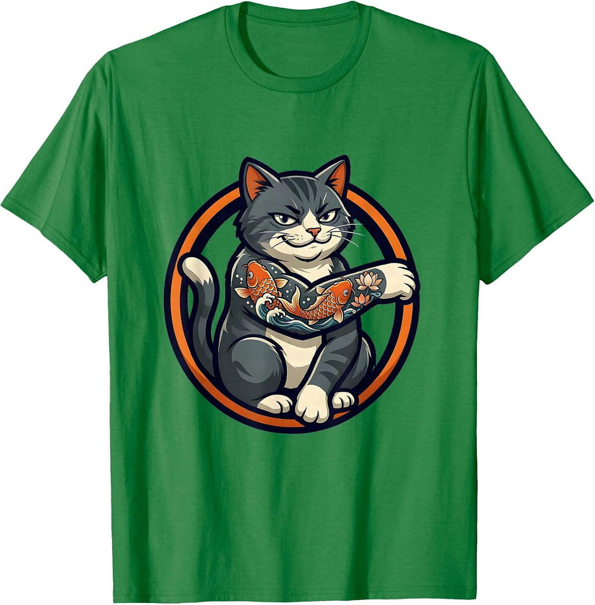 Men's Cat With Koi Fish Tattoo Sleeve Illustration T-Shirt - Kelly Green