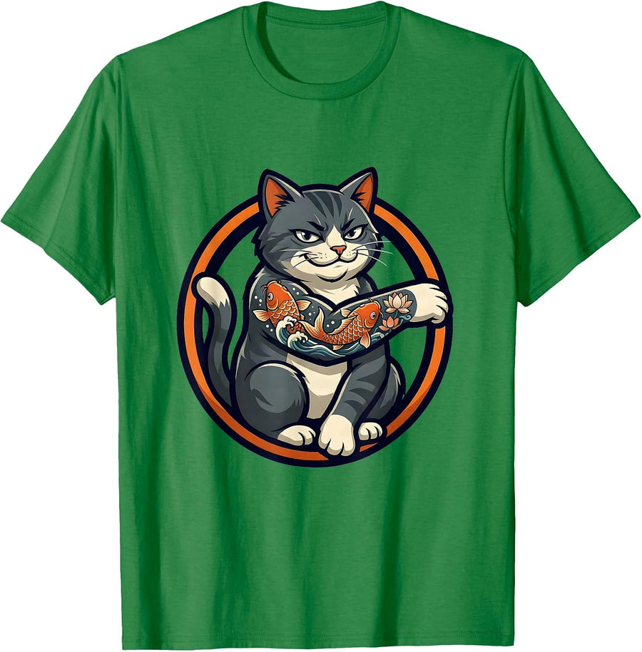 Men's Cat With Koi Fish Tattoo Sleeve Illustration T-Shirt - Kelly Green
