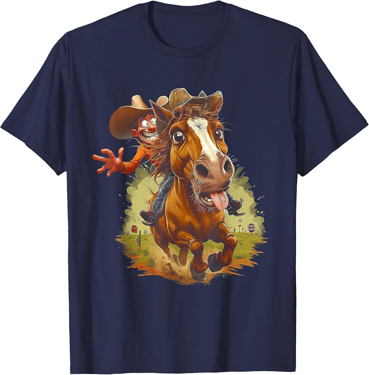 Comic Cartoon Style Western Cowboy Riding Horse Tongue Out T-Shirt - Navy Blue