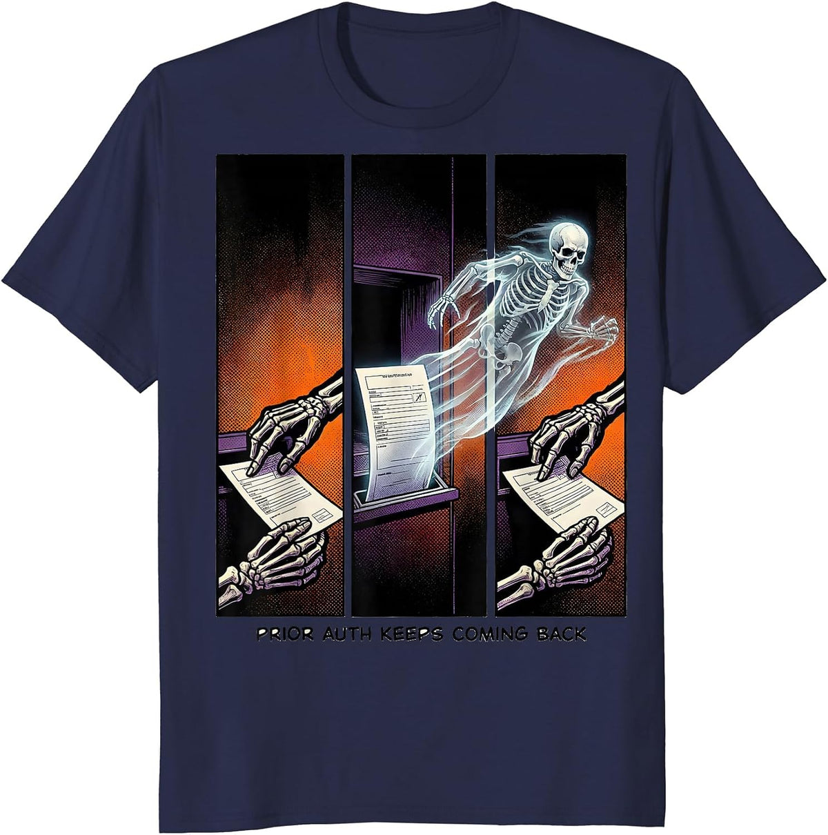 Men's Prior Auth Keeps Coming Back Funny Pharmacy Tech Halloween T-Shirt - Navy Blue