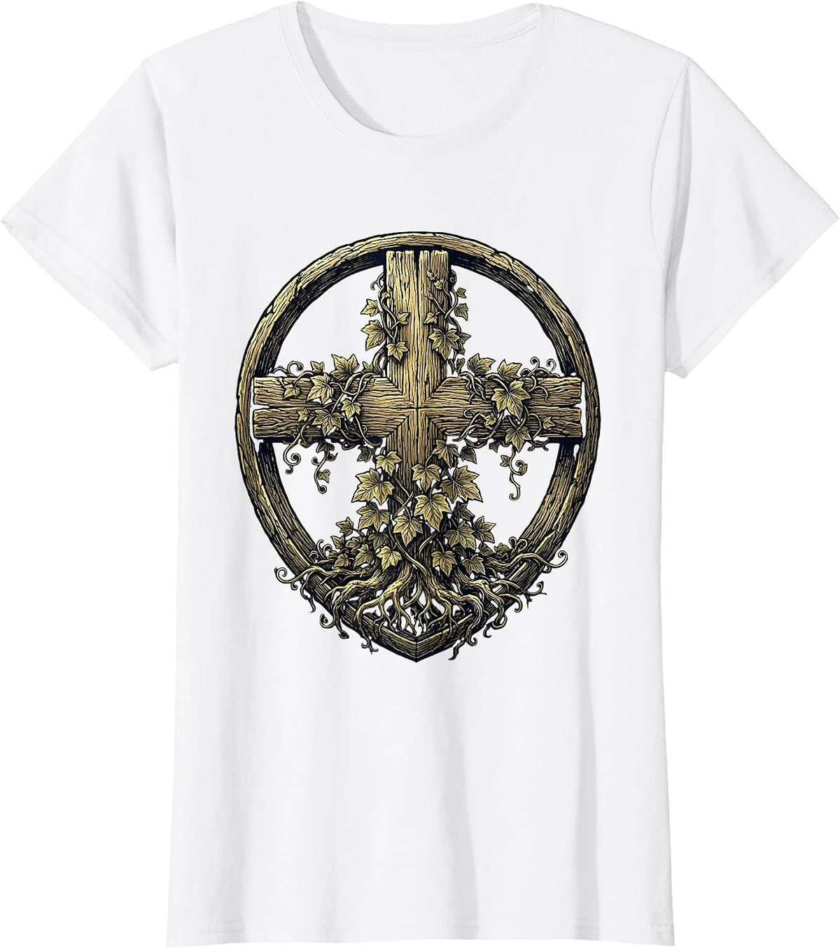 Rugged Cross with Climbing Ivy Vines Christian Design T-Shirt - White