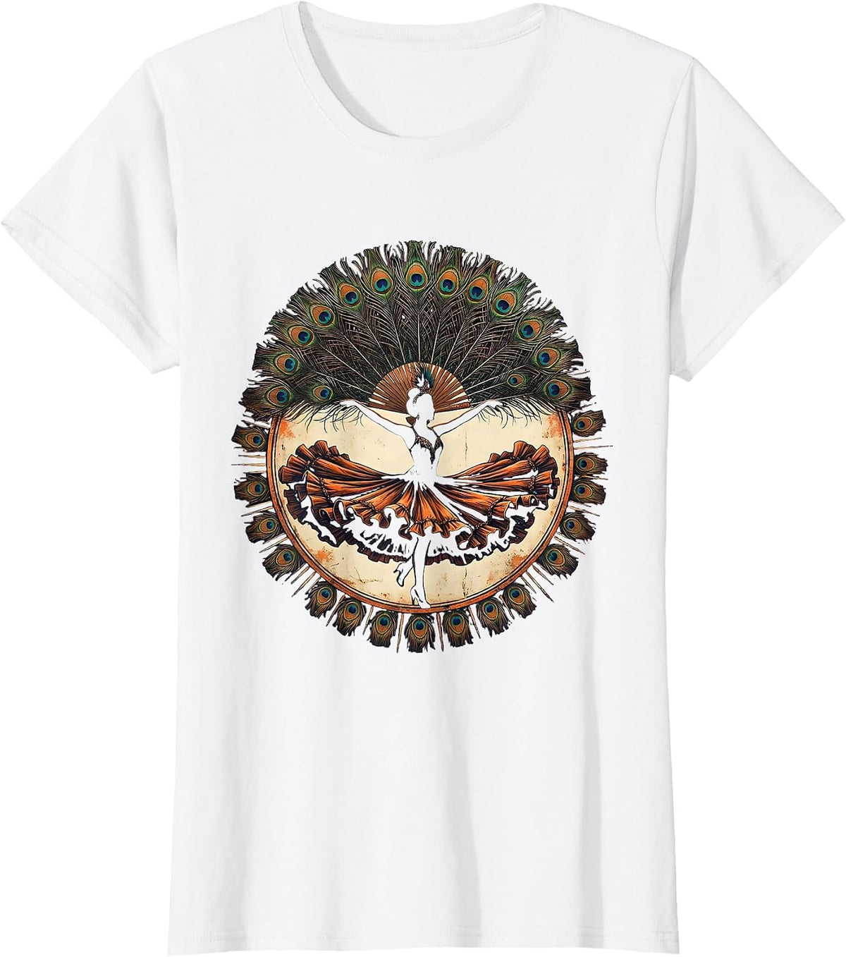 Women's Showgirl Era Spinning Fan Dance Illustration T-Shirt - White