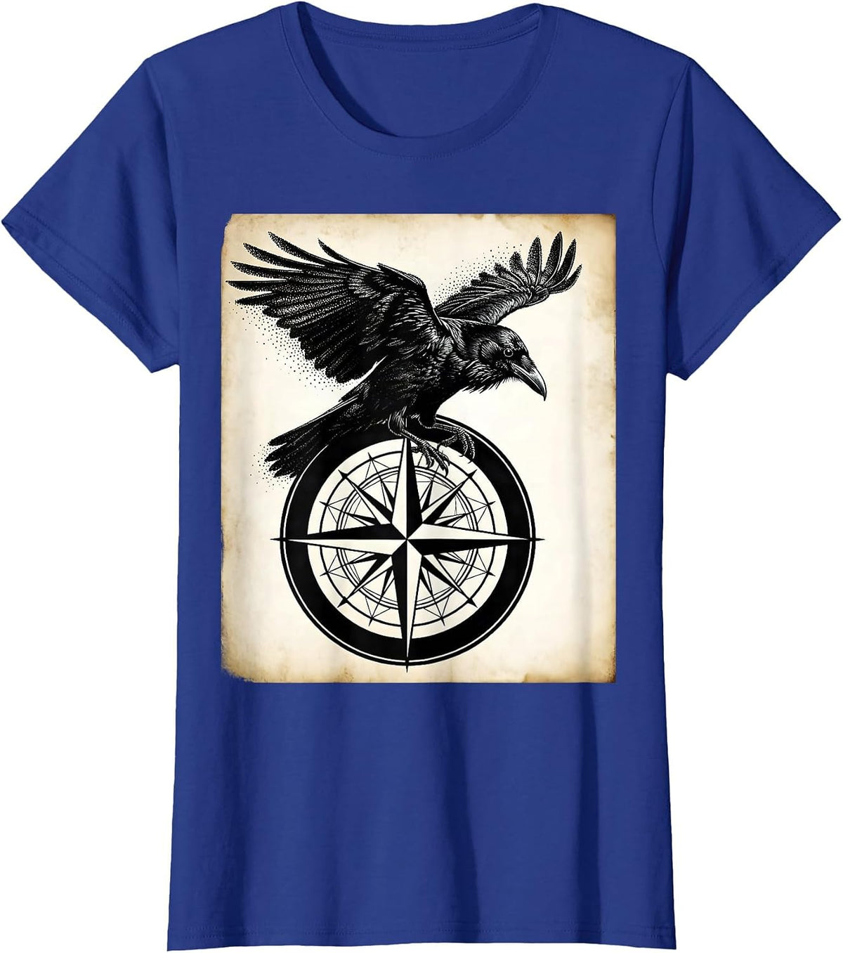 Women's Crow Perched on Vintage Compass Rose T-Shirt - Royal Blue