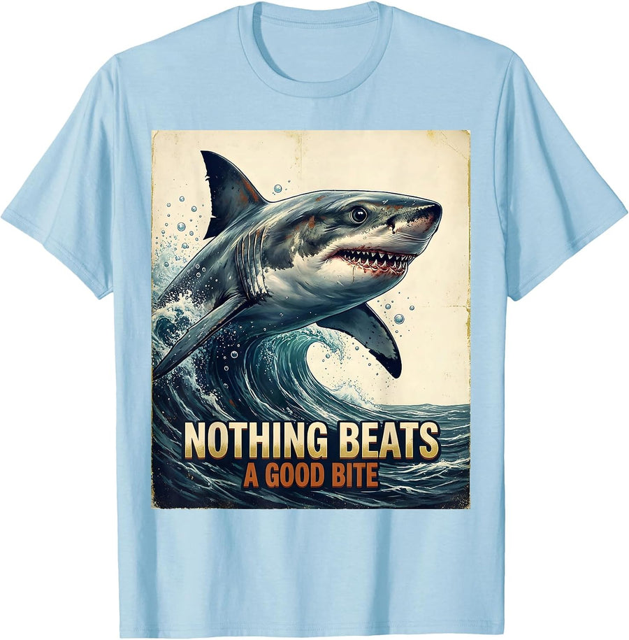 Men's Nothing Beats A Good Bite Vintage Shark Lover Ocean Humor T-Shirt - Baby Blue