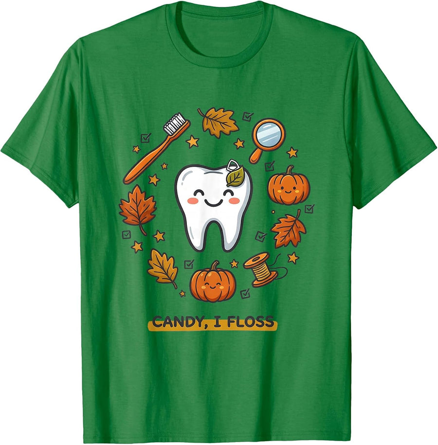Men's Candy, I Floss Funny Dental Hygienist Halloween Fall Humor T-Shirt - Kelly Green