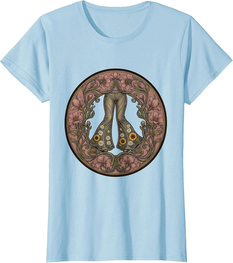 Women's Retro 70s Bell-Bottom Floral Embroidery Design T-Shirt - Baby Blue