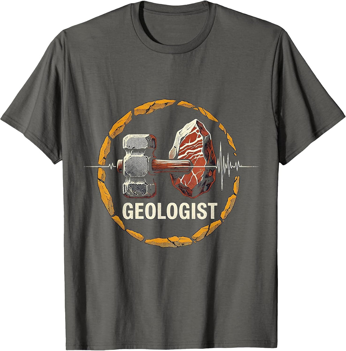 Men's Geologist Heartbeat Pulse EKG Rock Hammer Geology Hobby T-Shirt - Asphalt Grey