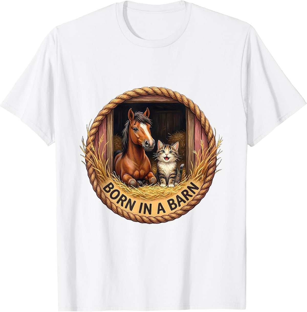 Born in a Barn Western Country Design T-Shirt - White