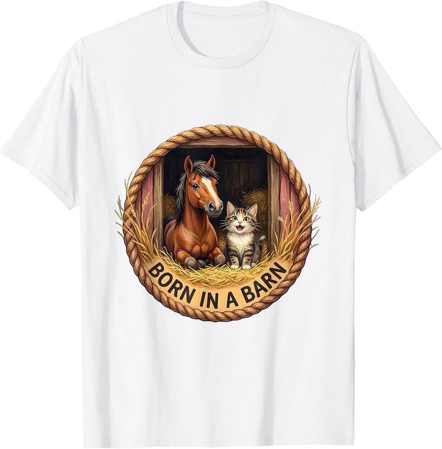 Born in a Barn Western Country Design T-Shirt - White