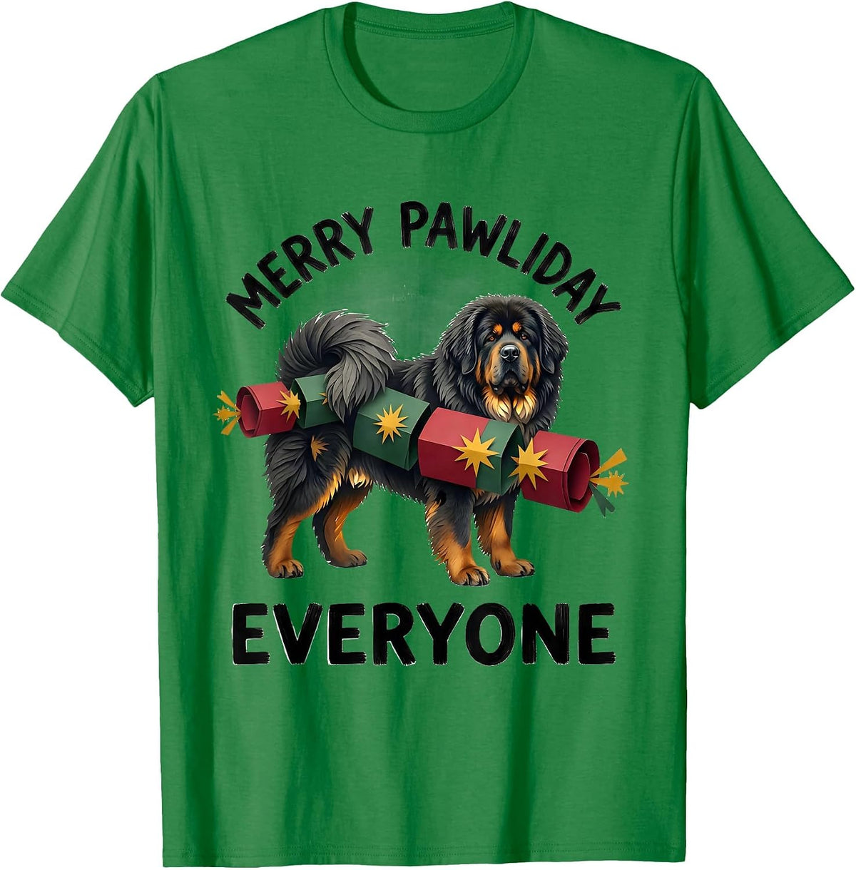 Men's Merry Pawliday, Everyone Funny Tibetan Mastiff Christmas Dog T-Shirt - Kelly Green