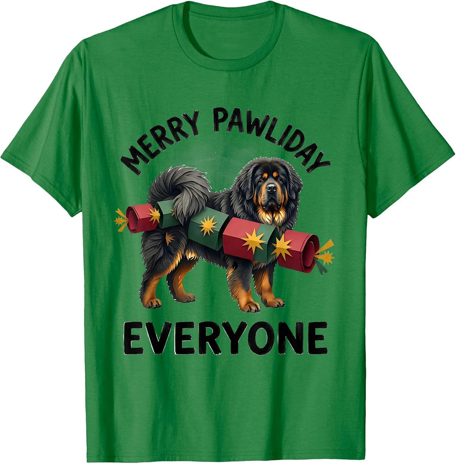 Men's Merry Pawliday, Everyone Funny Tibetan Mastiff Christmas Dog T-Shirt - Kelly Green