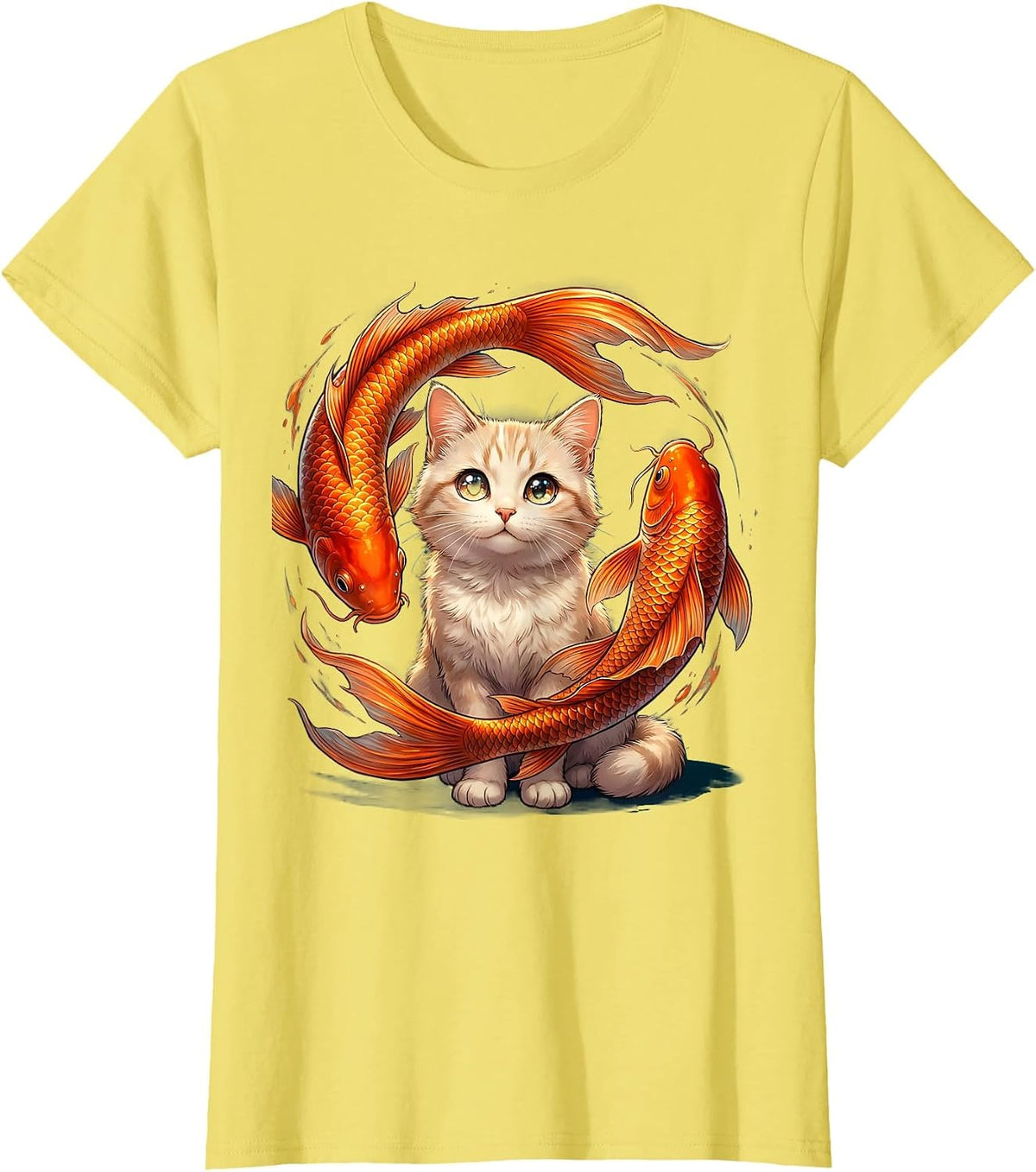 Cat and Koi Fish Zen Nature Illustration T-Shirt - Lemon Yellow