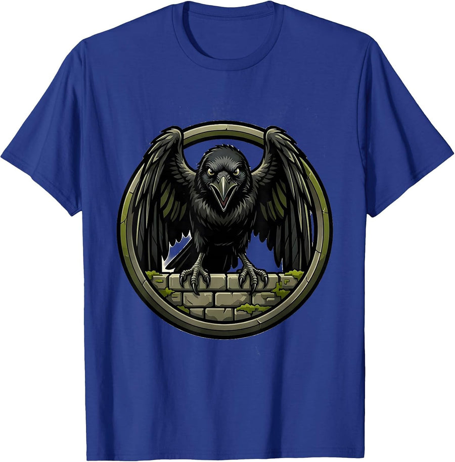 Crow Landing on Mossy Stone Wall Illustration T-Shirt - Royal Blue