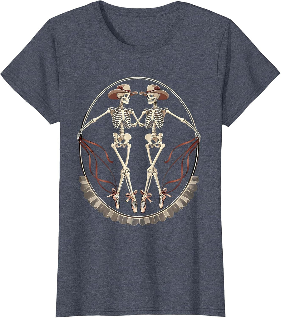 Women's Skeleton Cowboy Line Dancing Illustration T-Shirt - Heather Blue
