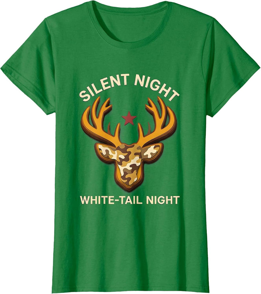 Women's Silent Night, White-Tail Night Paper-Cutout Camo Deer T-Shirt - Kelly Green