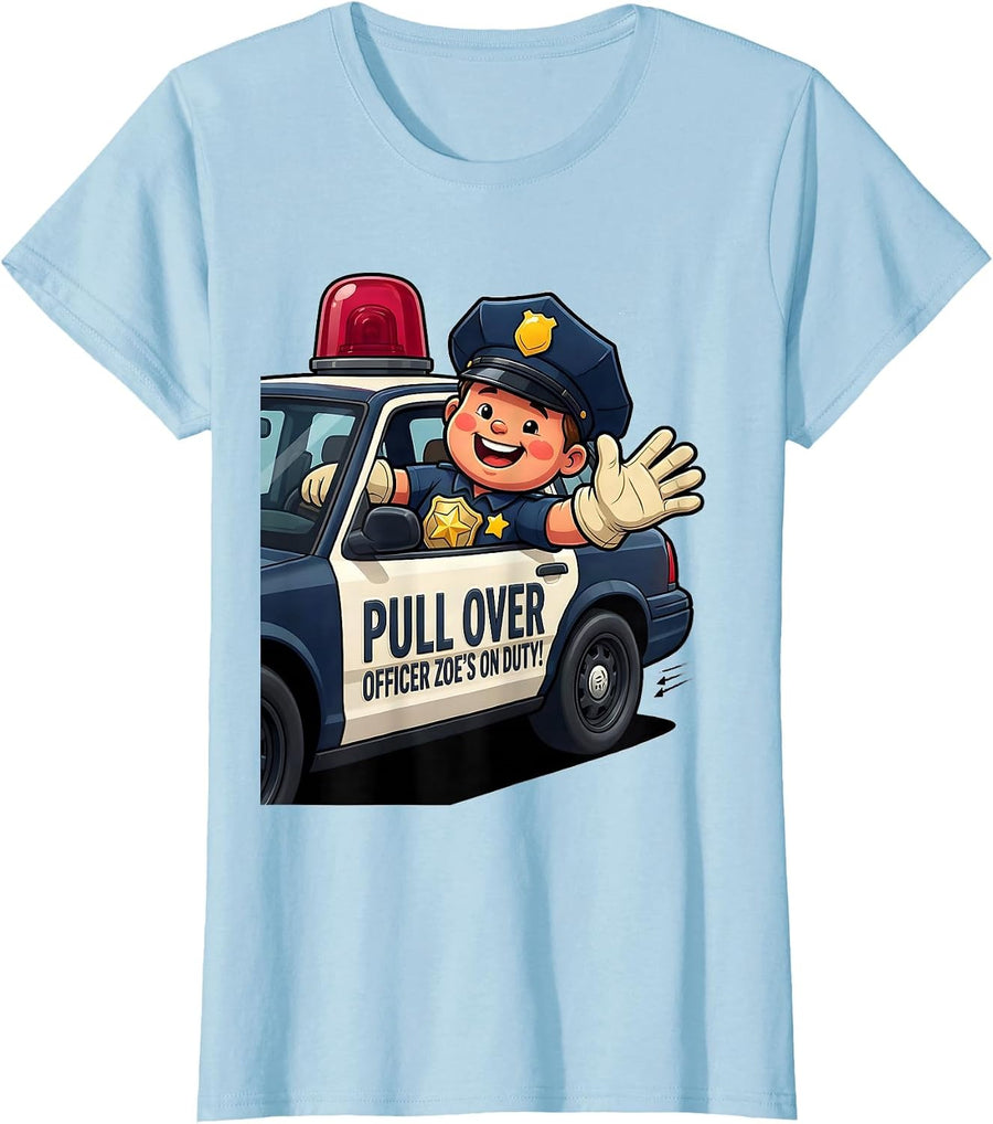 Women's Pull Over, Officer Zoe's On Duty! Funny Kids Police Officer T-Shirt - Baby Blue