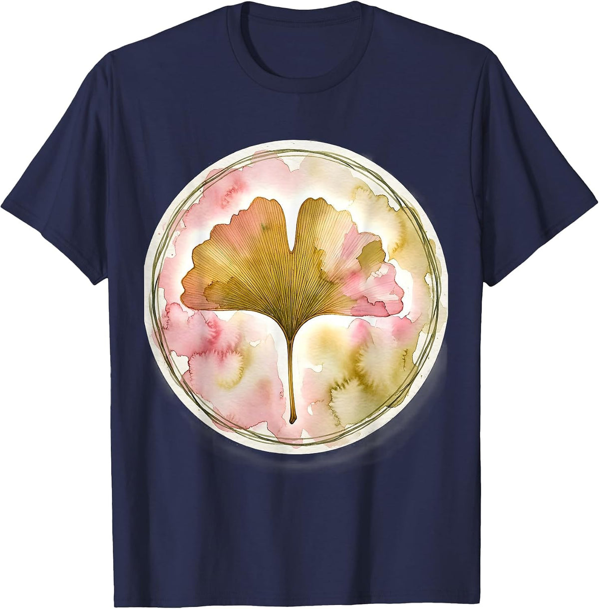 K-Beauty Glass Skin Ginkgo Leaf Glow Art T-Shirt - Navy Blue