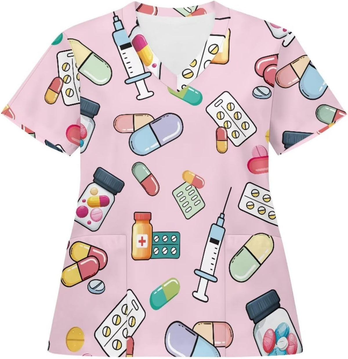 Womens Scrub Tops 2 Pockets V-Neck Nurse - Pink Pill