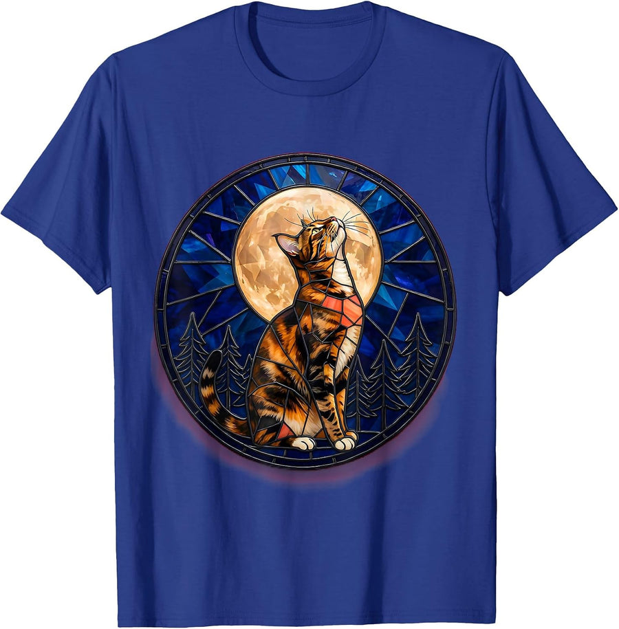 Tortoiseshell Cat Howling at Moon Stained Glass Mosaic 90s T-Shirt - Royal Blue