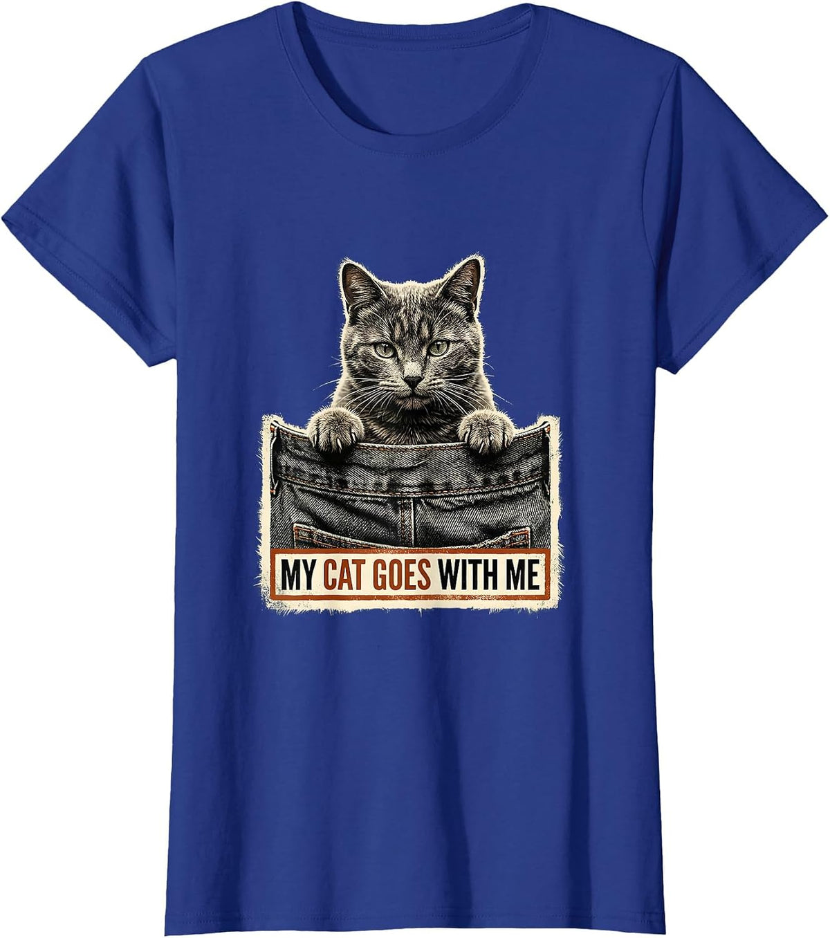 Women's My Cat Goes With Me Rubber Stamp Cat Lover Gift T-Shirt - Royal Blue