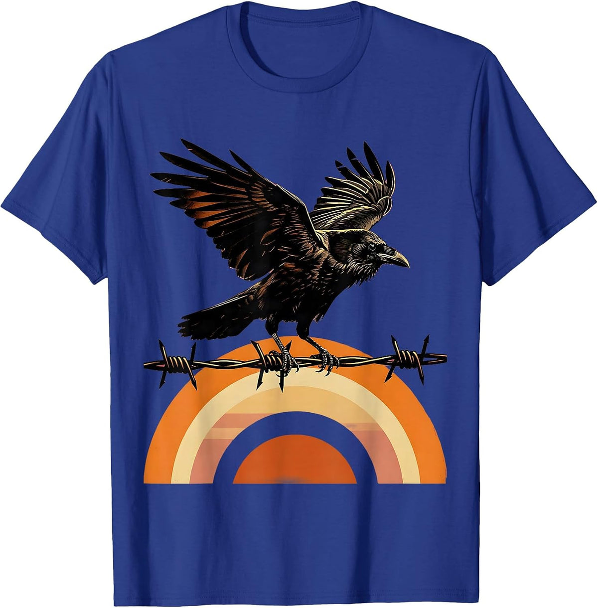 Men's Crow on Barbed Wire Sunrise Illustration T-Shirt - Royal Blue