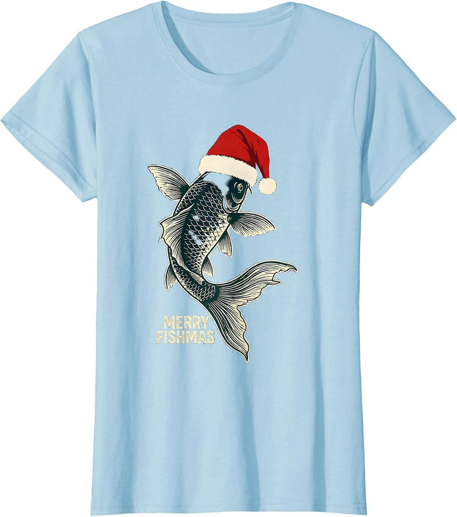 Women's Merry Fishmas Stencil Koi Fish Christmas Novelty Animal T-Shirt - Baby Blue
