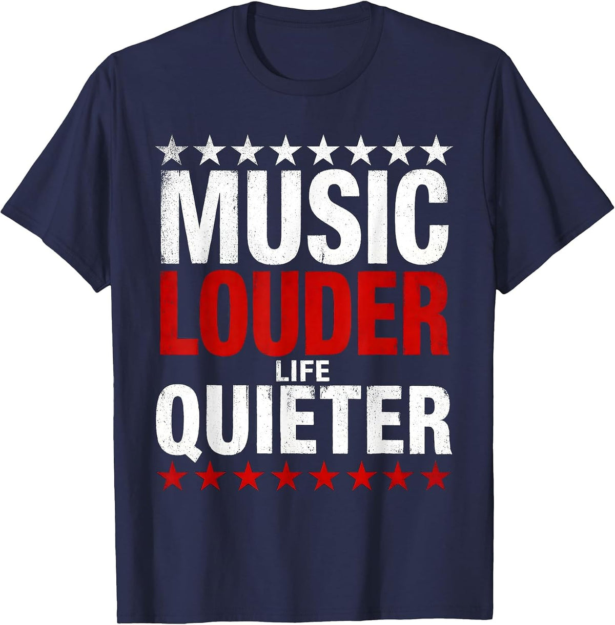 Music Louder Life Quieter Concert Graphic Design T-Shirt - Navy Blue