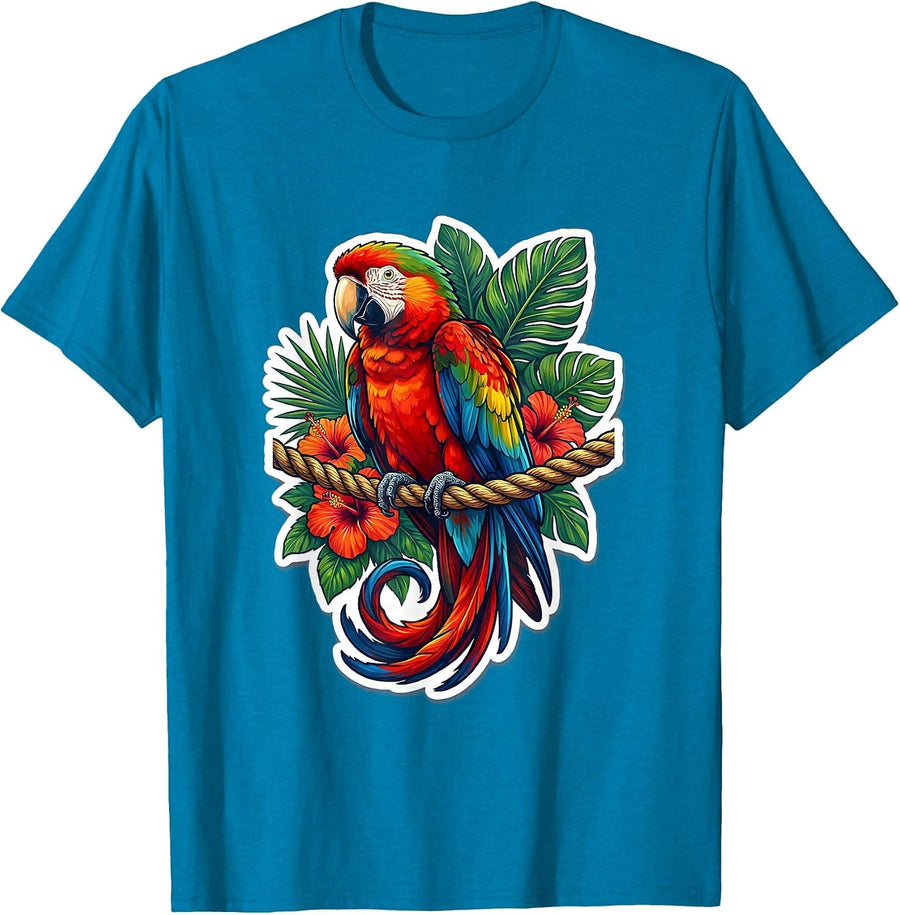 Tropical Parrot on Braided Rope Perch Hawaiian T-Shirt - Sapphire Blue