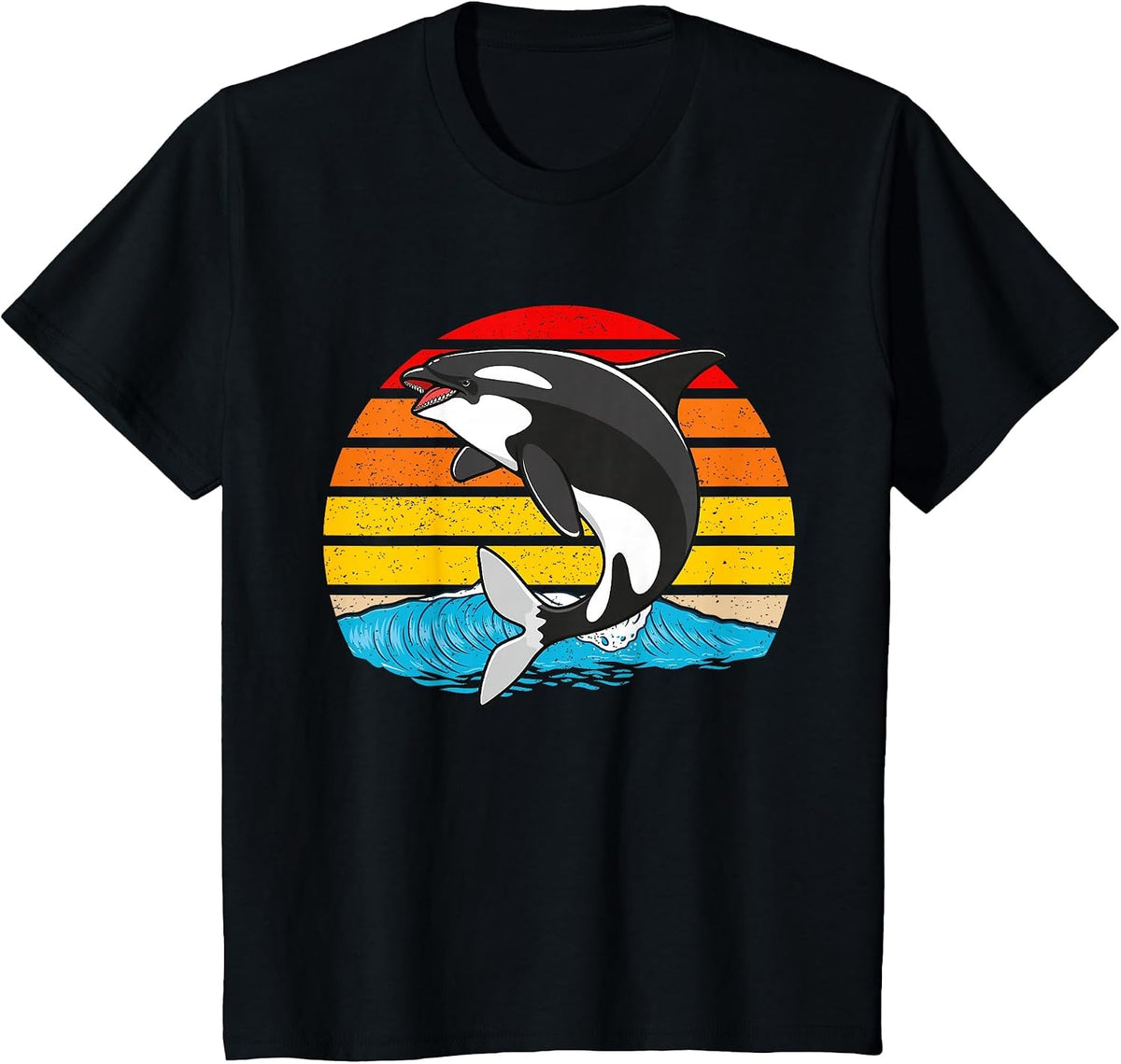 Orca Killer Whale Animated Vintage Retro Tees T Shirts with Waves and Sunset - Black